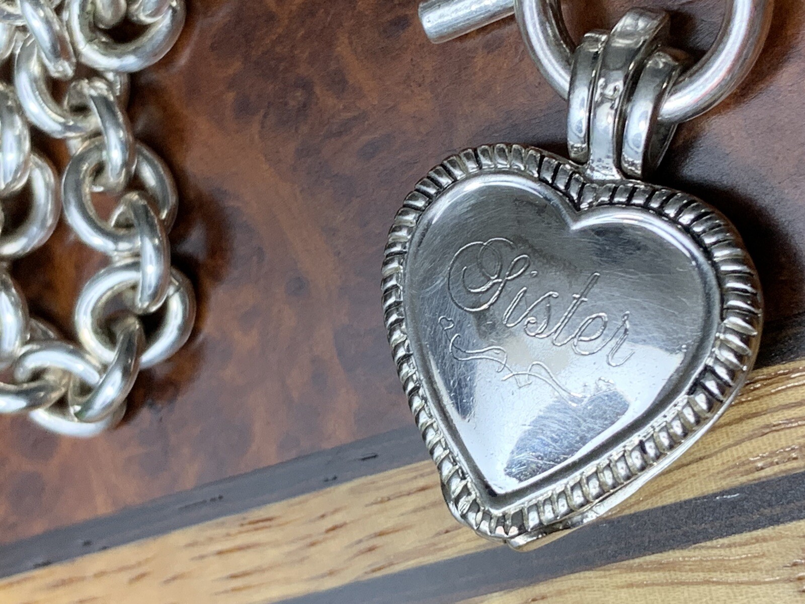 Vintage “Sister” JC Silver Plate Green Peridot Birthstone Ladies Heart Bracelet