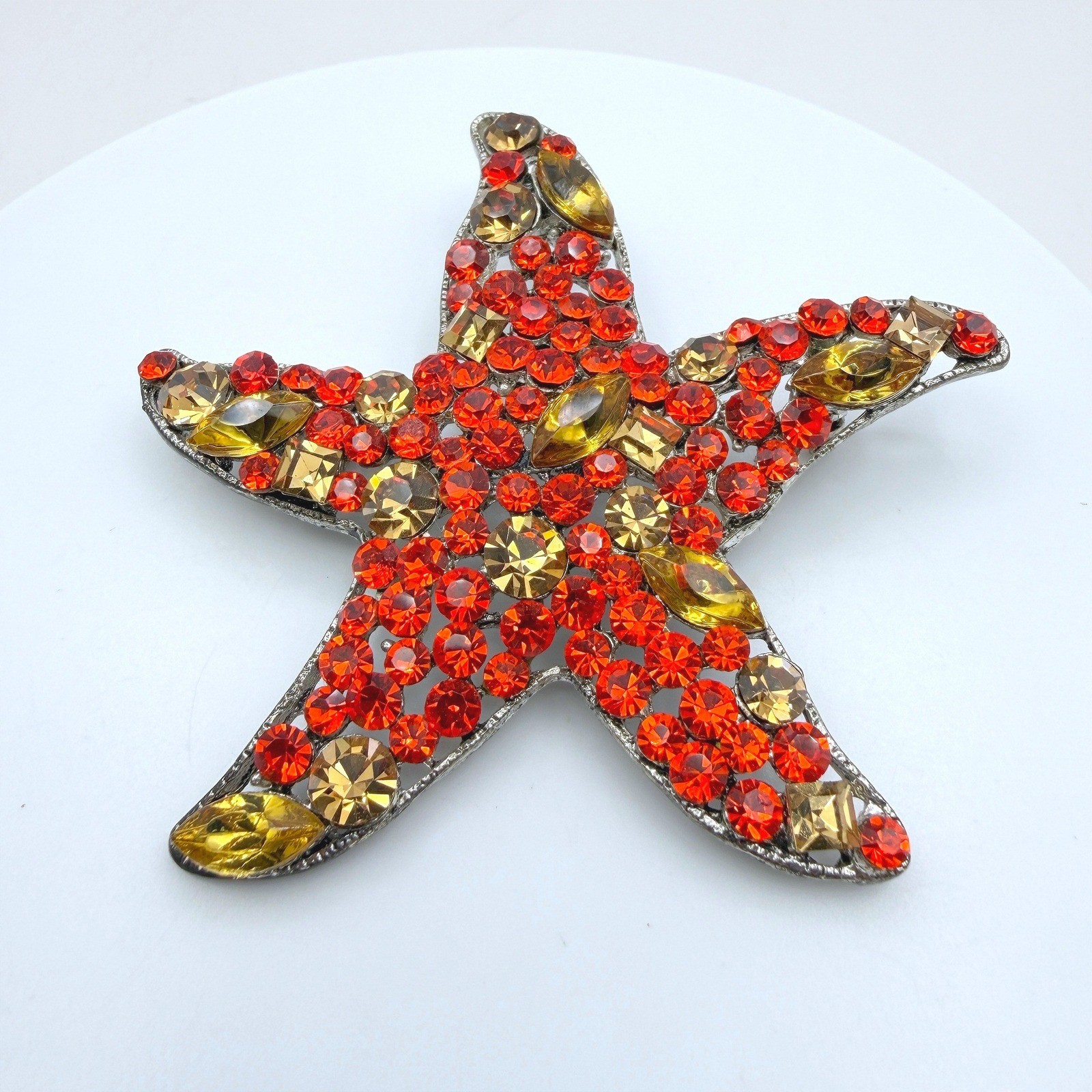 Vintage Red Yellow Rhinestones Silver-Tone Aluminium Starfish-Shaped Brooch Pin