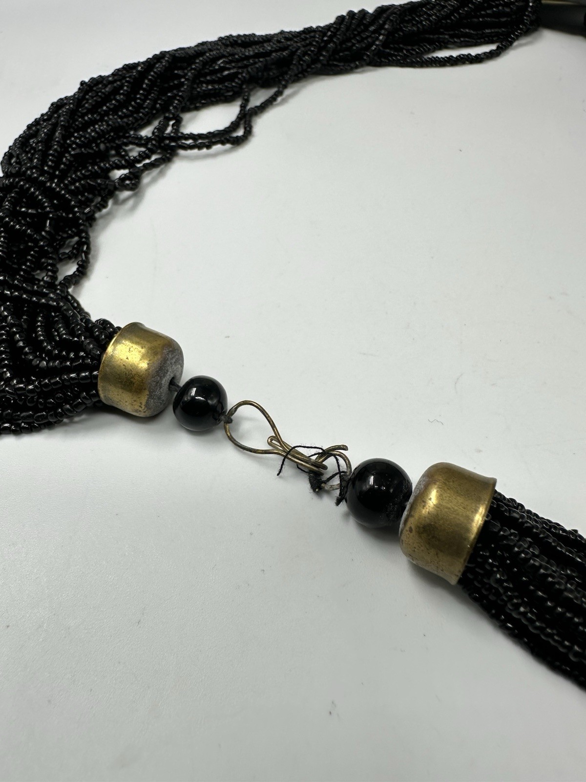 Vintage Black Multi Strand Beaded Statement Necklace Resin Pendant Tribal Collar