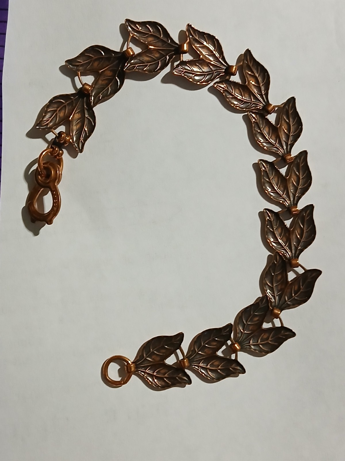 Vtg Unmarked Stamped Copper Double Leaf 8″ Link Bracelet With Sister Clasp