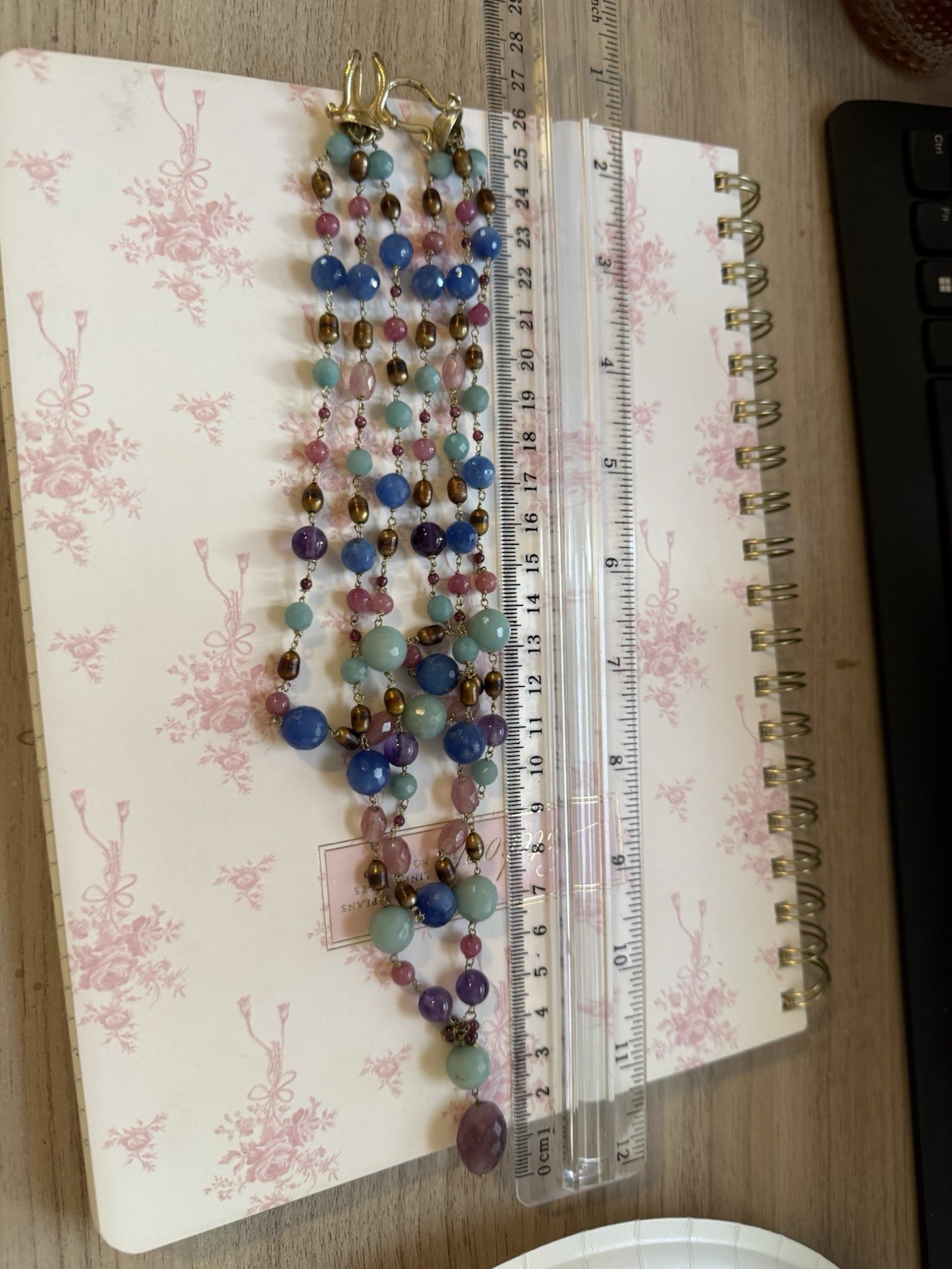 Beautiful Vintage Blue And Purple Beaded Necklace Three Layers Gold Hook Clasp