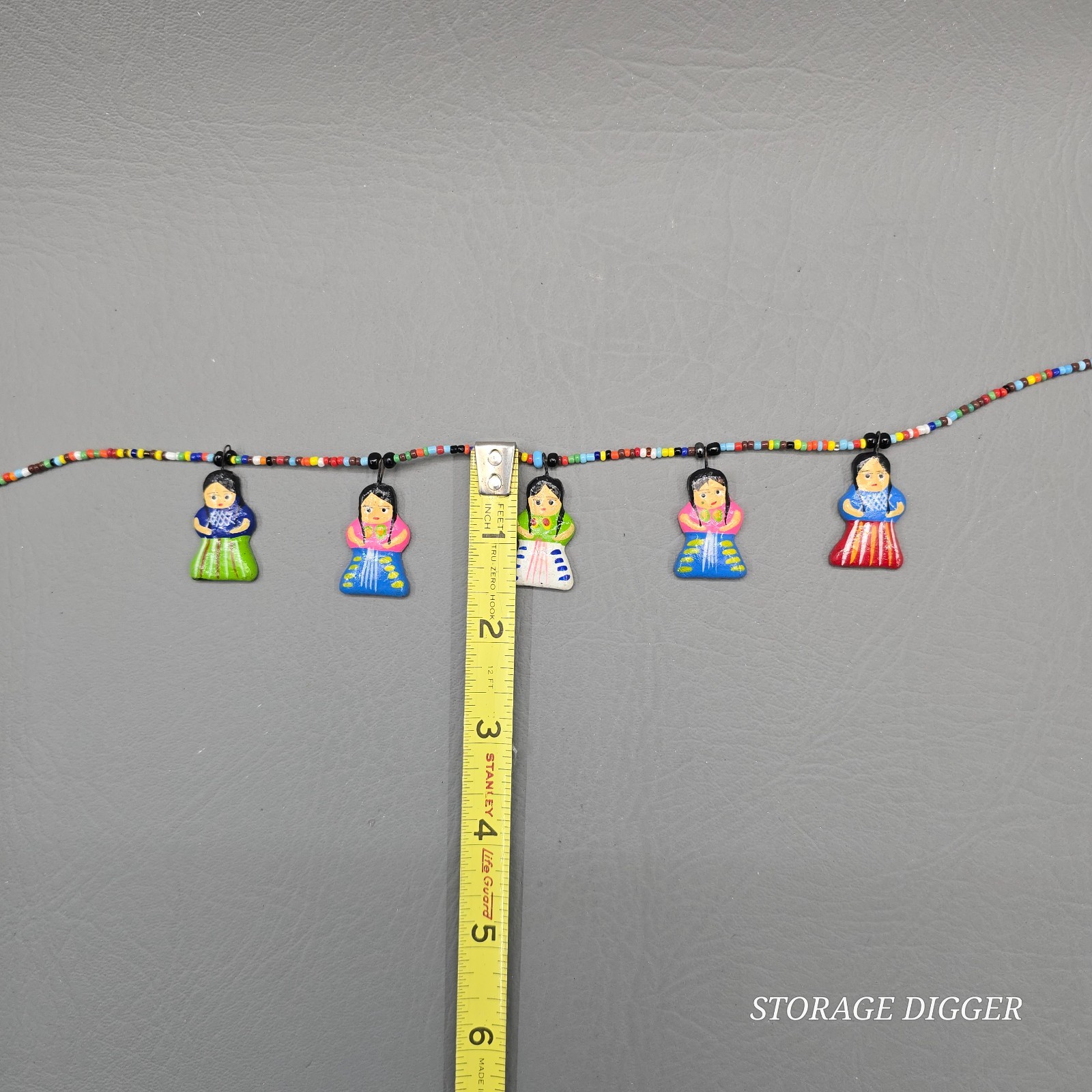 Vintage Folk Art Ceramic Doll Charm Necklace Multicolor Seed Bead Handmade 19″