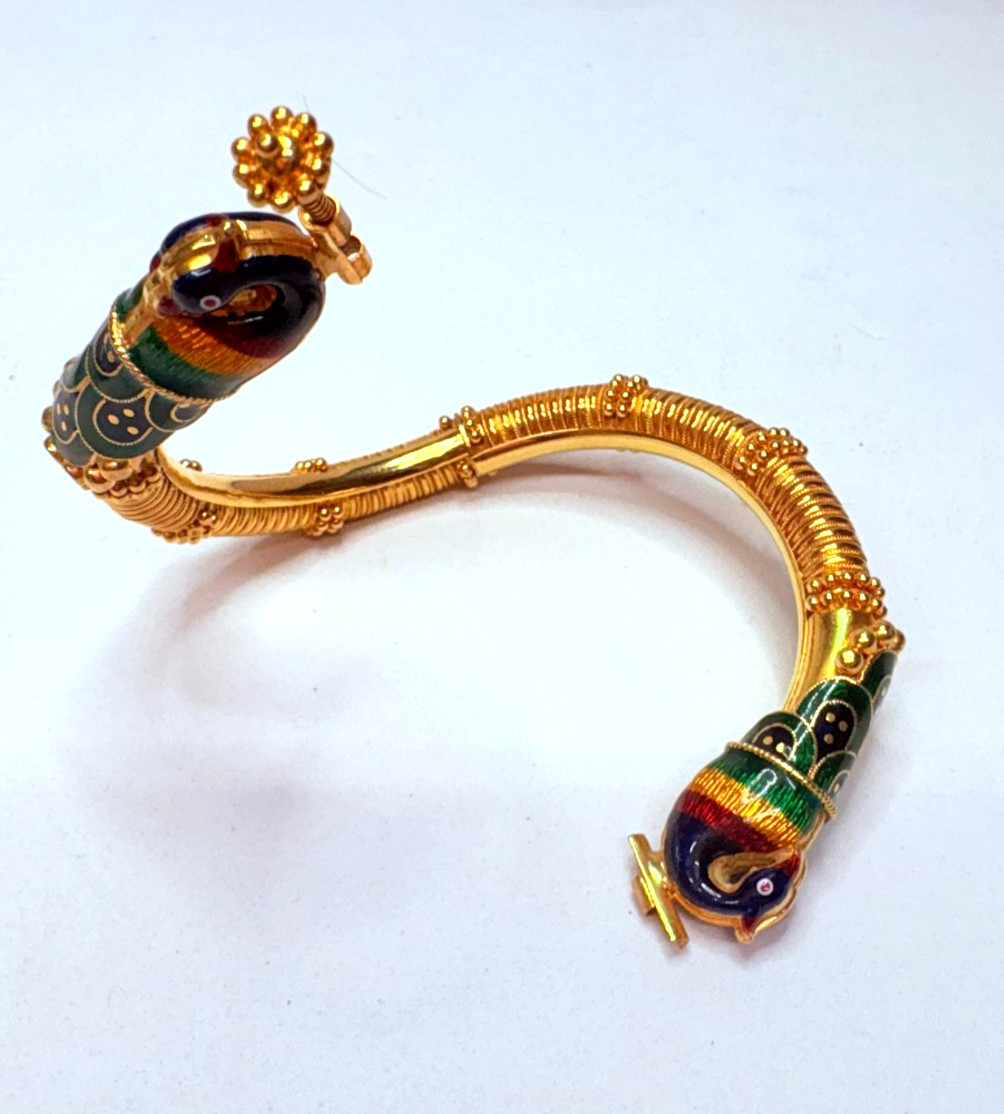 Antique 22k Yellow Gold Red Green Enamel Peacock Bangle Bracelet