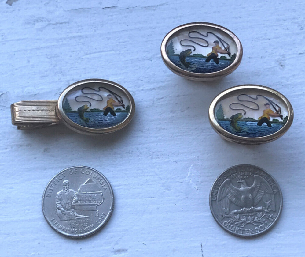 VINTAGE MARVEL FLY FISHERMAN RAINBOW TROUT SCENE TIE CLIP & CUFF LINKS