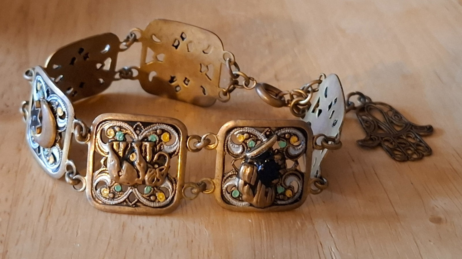 Vintage Jewelry Brass Tone Panel Link Bracelet with Filigree, Enamel & Cabochons