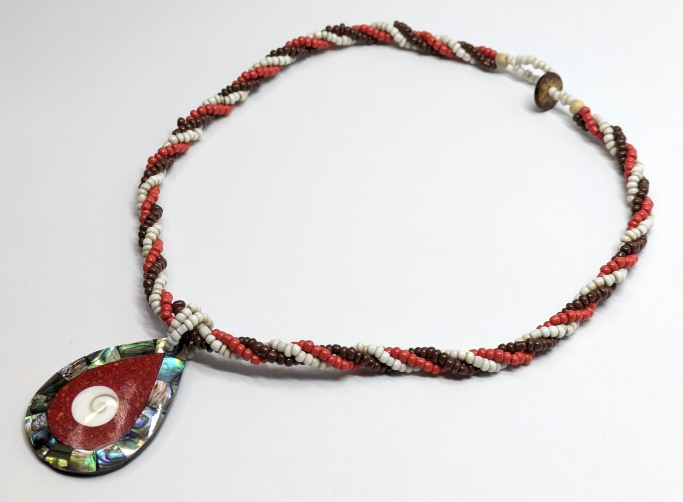 VTG Red White Brown Twisted Beaded 18.5″ Necklace Abalone Shell Inlay Boho