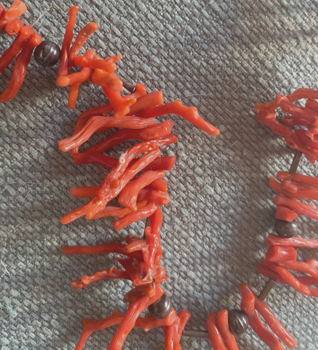 Vintage 1970’s Natural Branch Red Coral Necklace w Silver? Metal Beads 18″