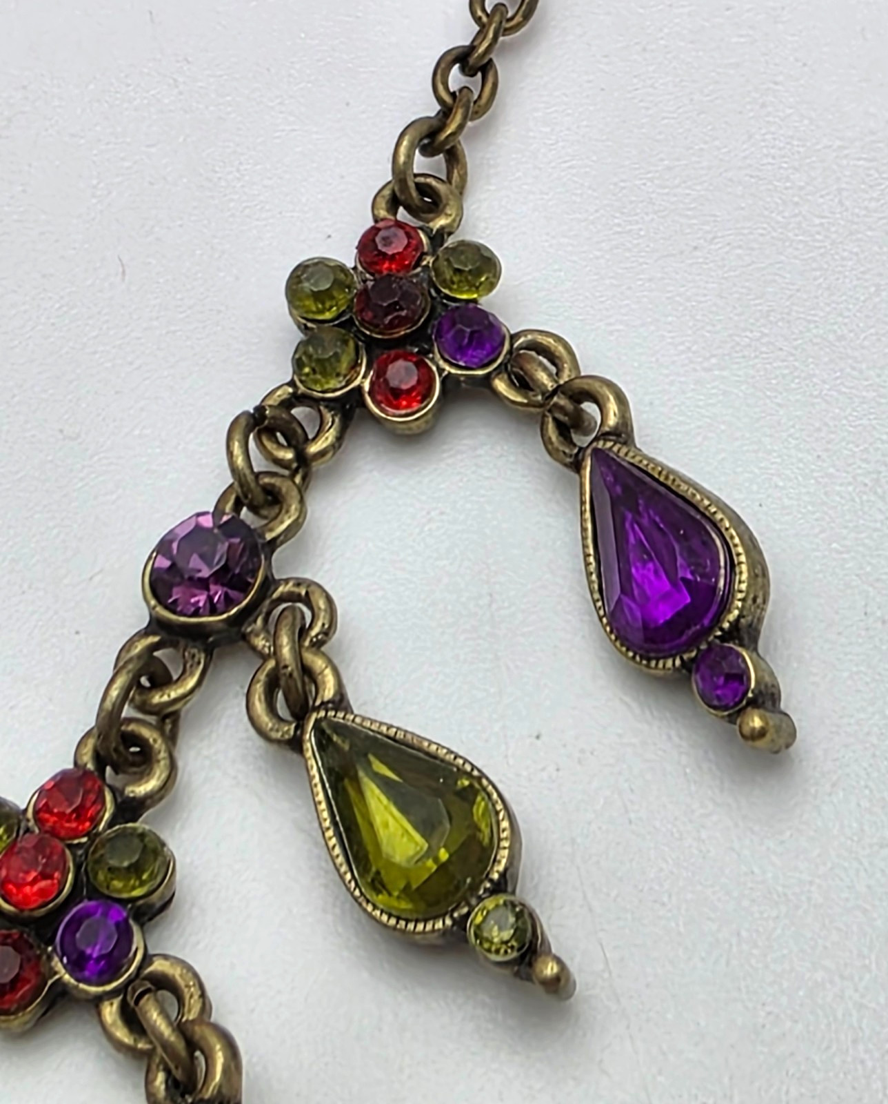 Vintage Brass Tone Multicolor Rhinestone Teardrop Fringe Necklace 19 in adj.