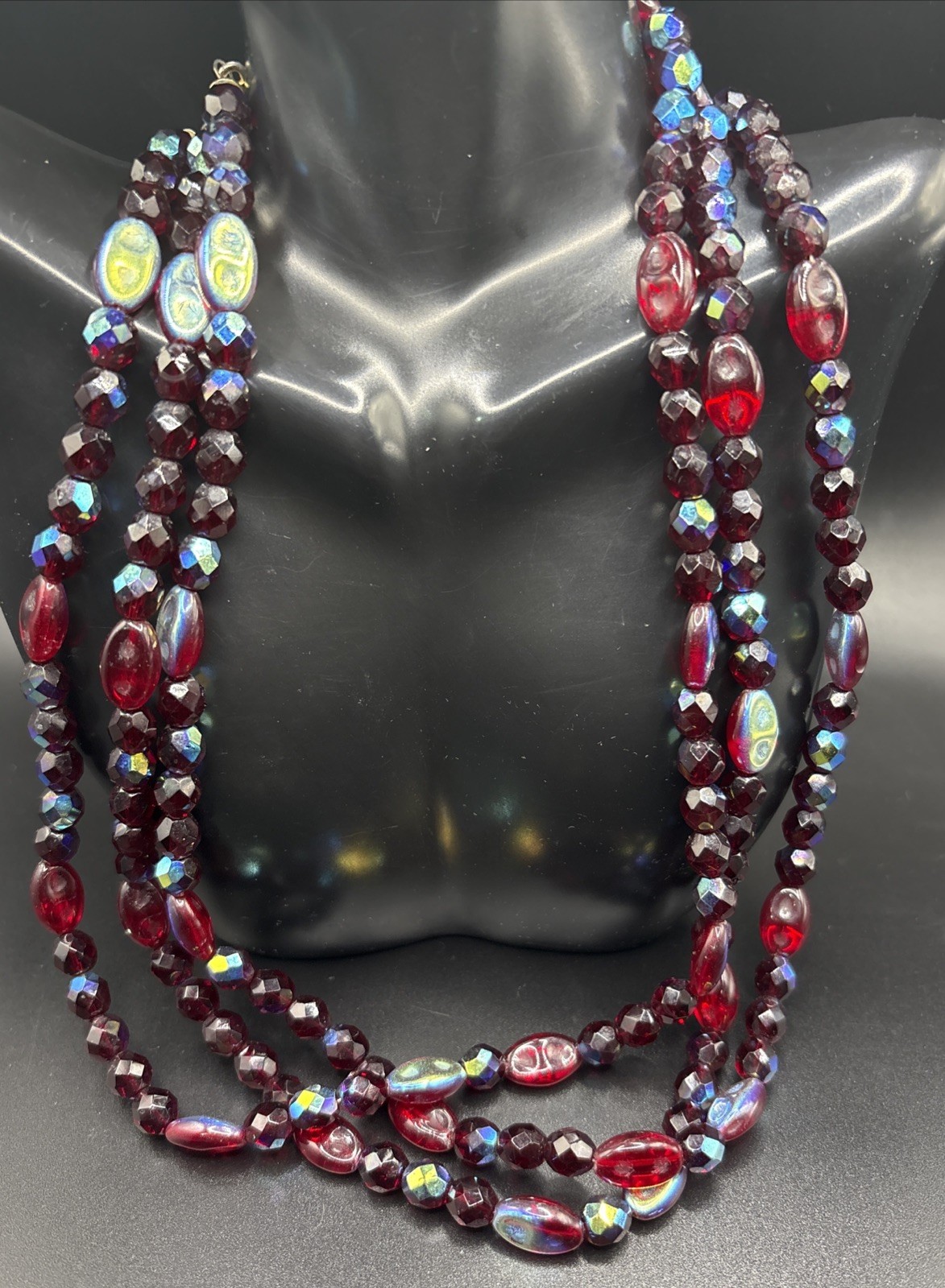 Vintage Red Glass Beaded Necklace multi strand Iridescent Statement Molded 20”