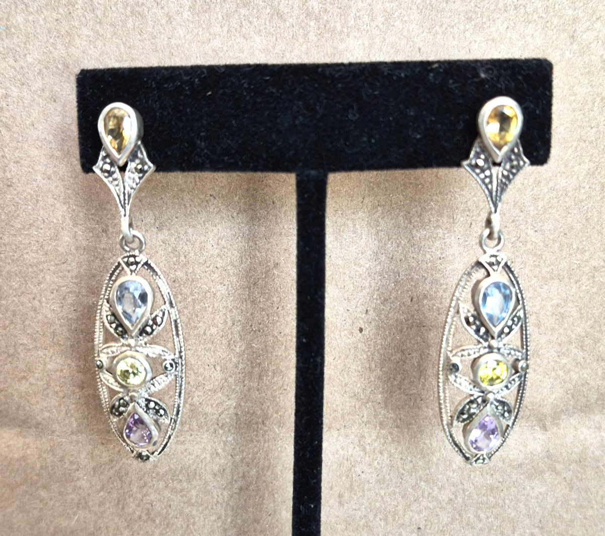 Vintage CW Marked Sterling Silver Multicolor Gemstone Marcasite Dangle Earrings