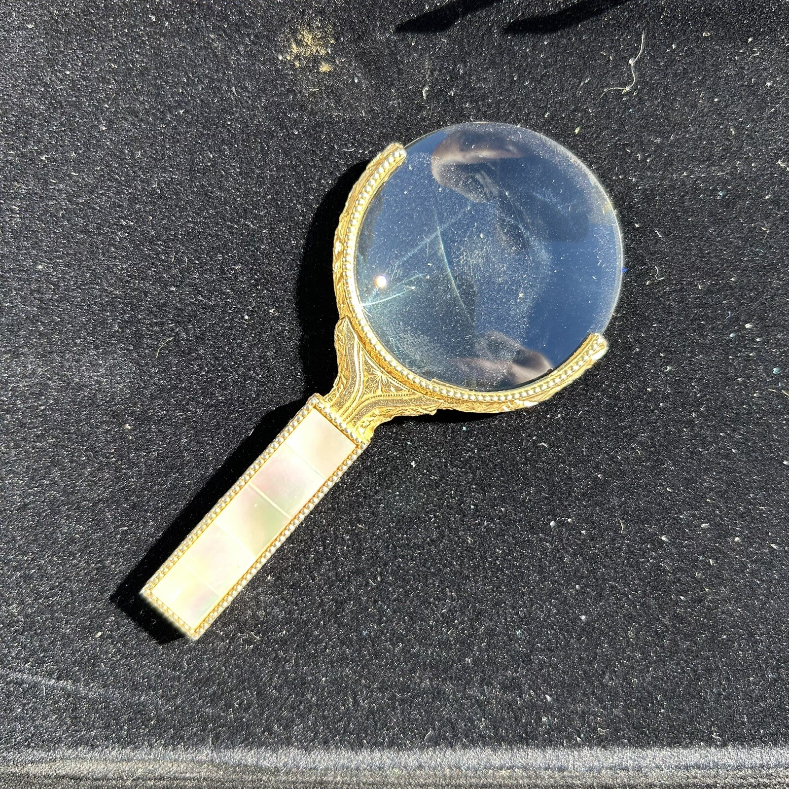 Art Deco Ornate Gold Mother of Pearl Magnifying Glass Circa 1920’s Measures 4″ L
