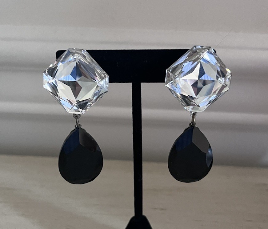 Vintage Glass Black Clear Faceted Crystal 2.5” Statement Drop Clip On Earrings