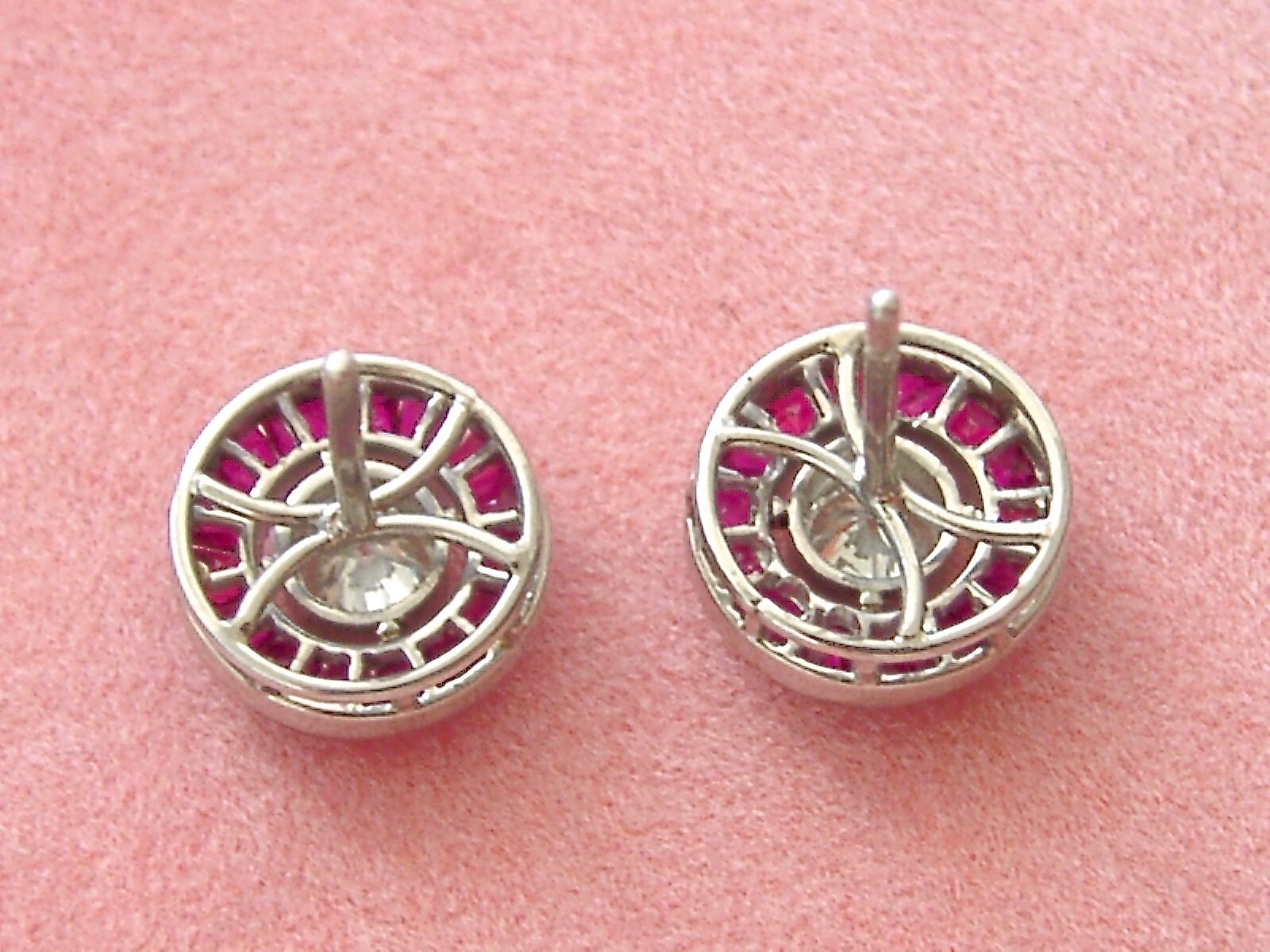 ART DECO STYLE .46ctw DIAMOND w/ RUBY HALO PLATINUM 9.5mm EVERYDAY STUD EARRINGS