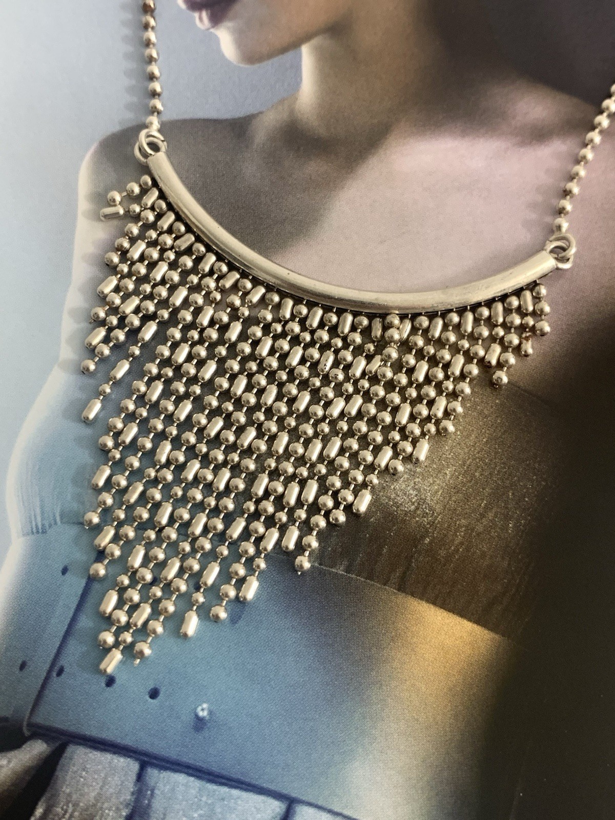 925 Sterling Silv Beaded Chain Cascading Fringe Bib Necklace Signed ATI Italy