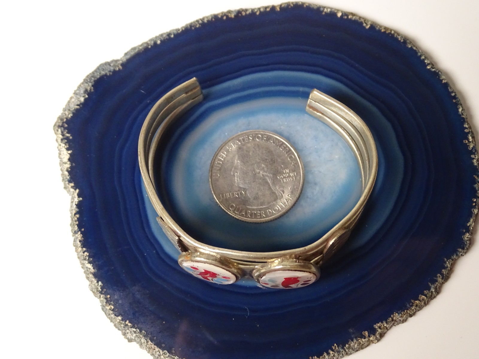Vintage Mexican Alpaca Silver MOP Red Cardinal Bird Mosaic Cuff Bracelet 5.75