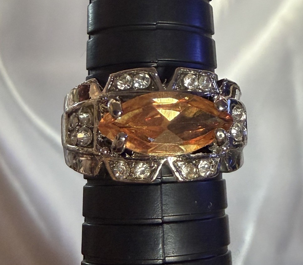 Silver-tone Citrine & CZ Costume Jewelry Ring Size 10 11g Unique Stone
