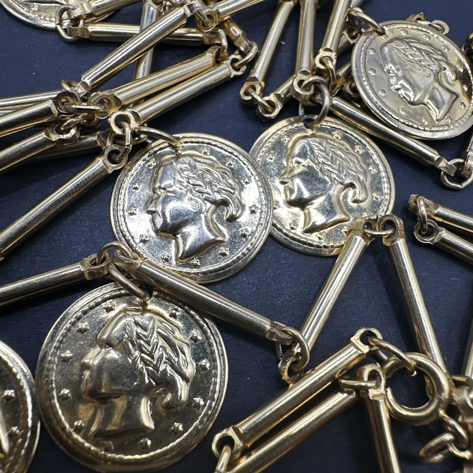 Vintage Necklace Chain Station Coin Charm Dangle Bar Link Goldtone 54”