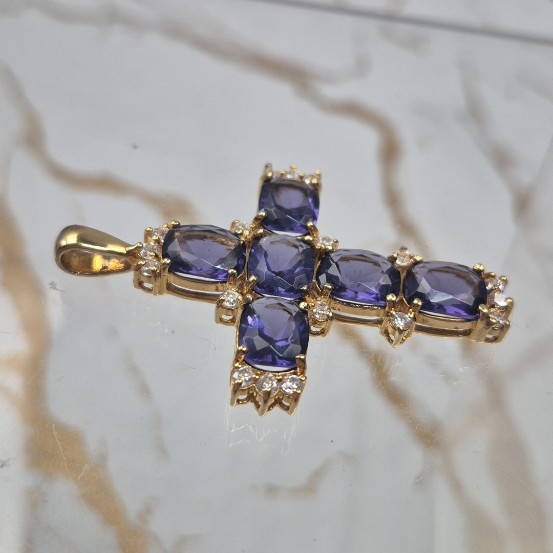 Vintage Sterling Silver 925 Gold Plated Cross Pendant Faceted Purple Stones Jtv
