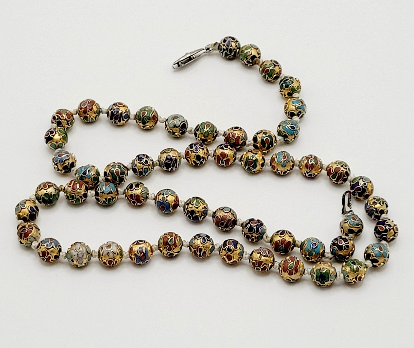 Chinese Cloisonné Floral Bead Hand Knot Circa 1930s Beaded Necklace 23 Inch