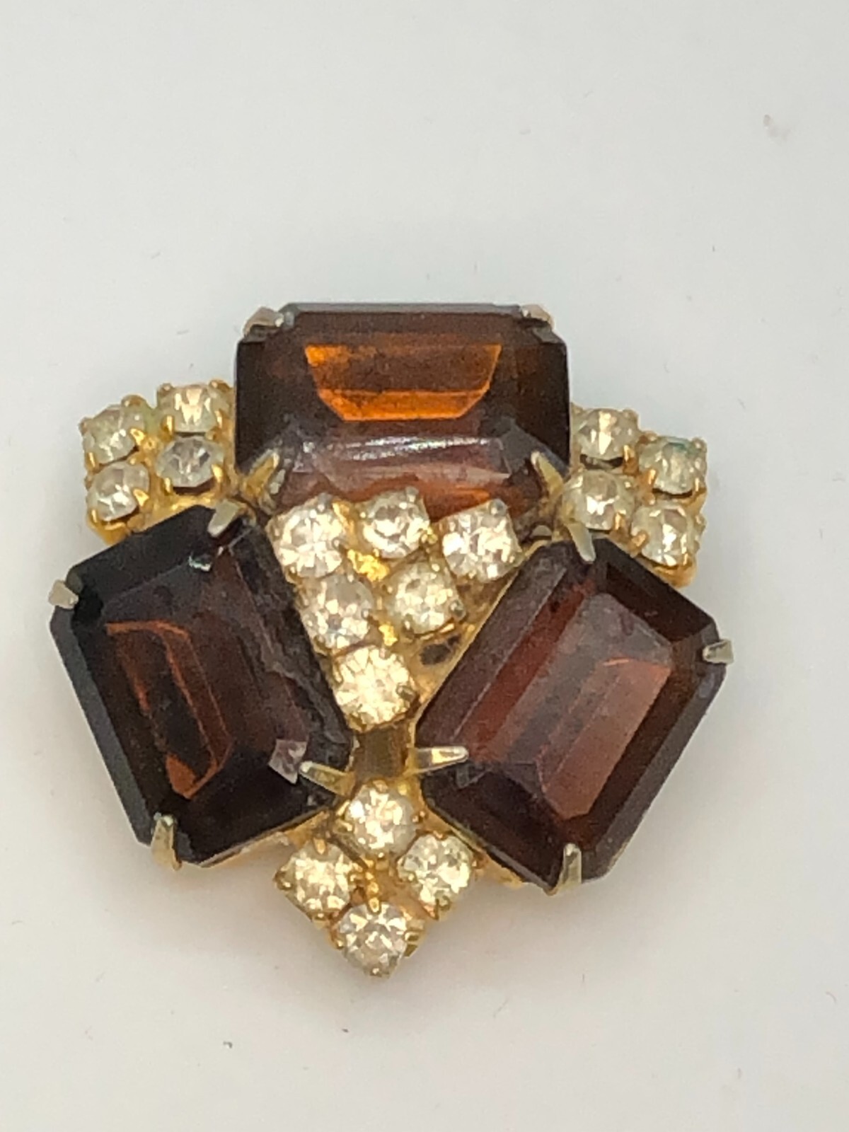 Vintage Gold Tone Amber Emerald Cut and Round Clear Rhinestone Brooch