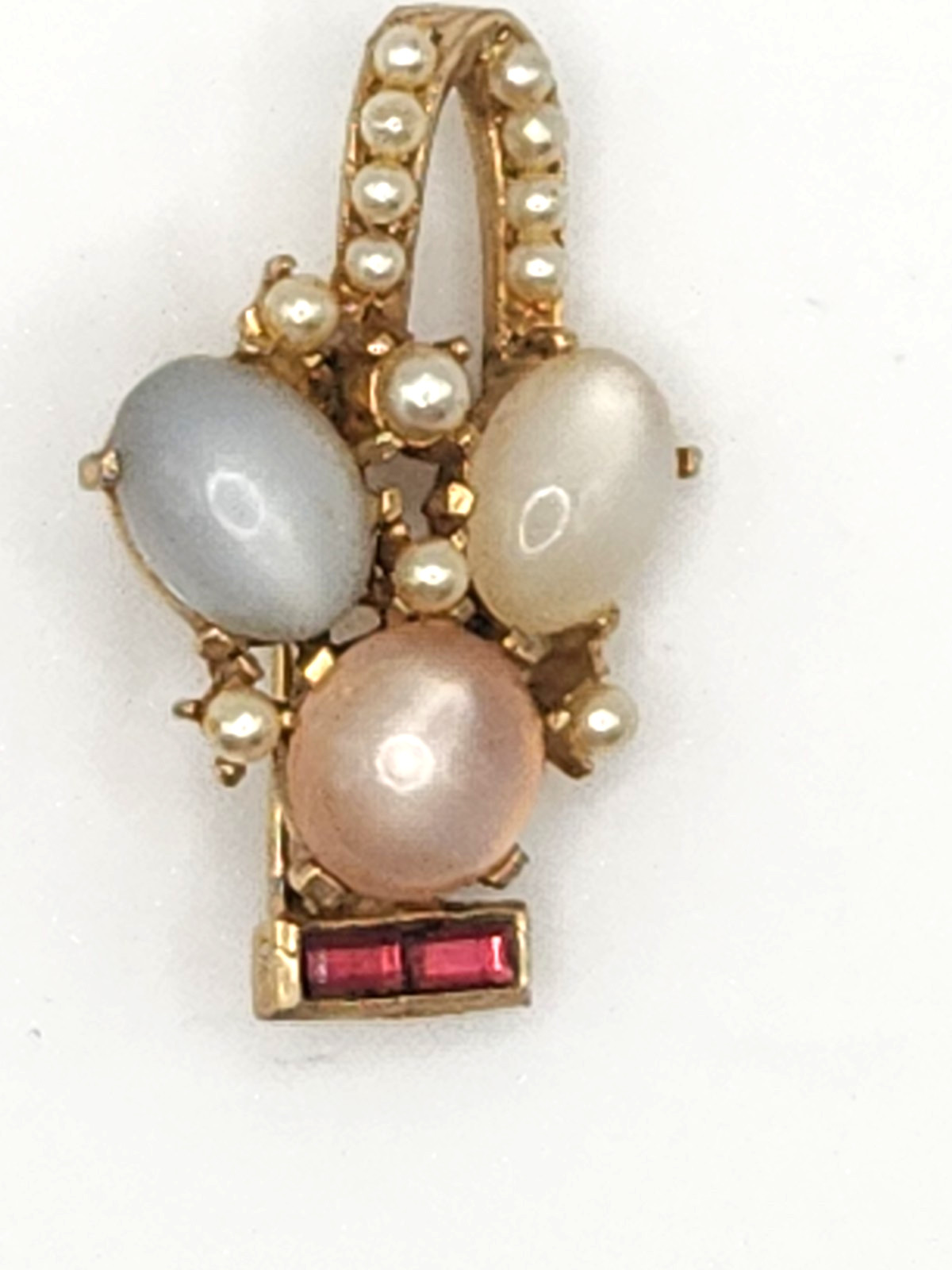 VintageGold Tone Brooch/Pin Moonstone Cabochon Faux Seed Pearls Pink Rhinestone
