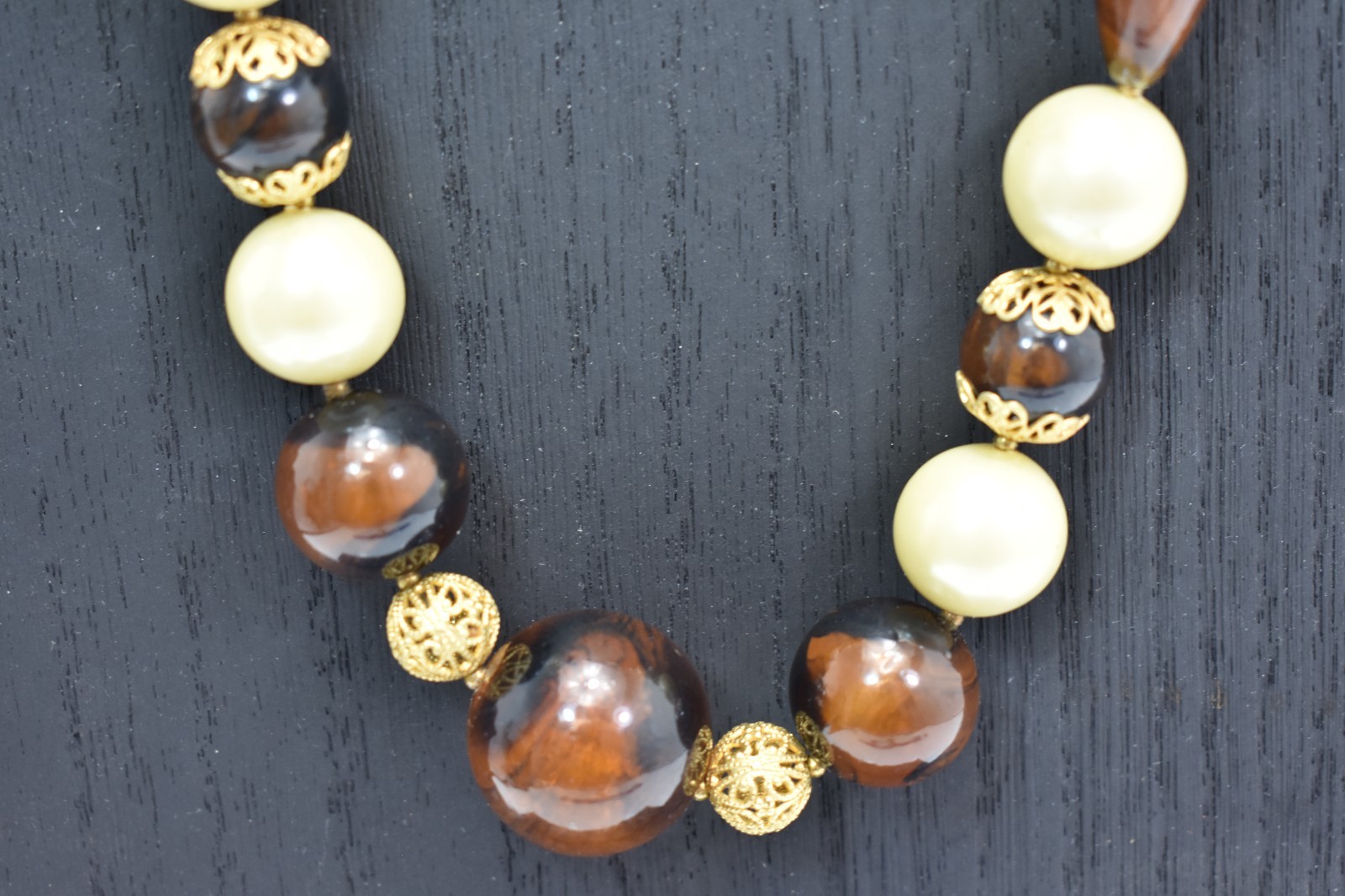 Vintage chunky brown and faux pearl beaded statement necklace with gold tone