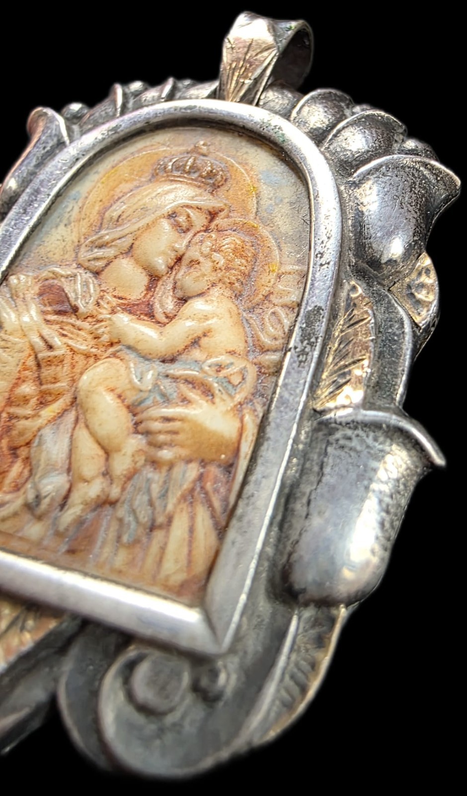 Fine Antique Art Nouveau Silver Gold Madonna Virgin Mary and Jesus Pendant C1900