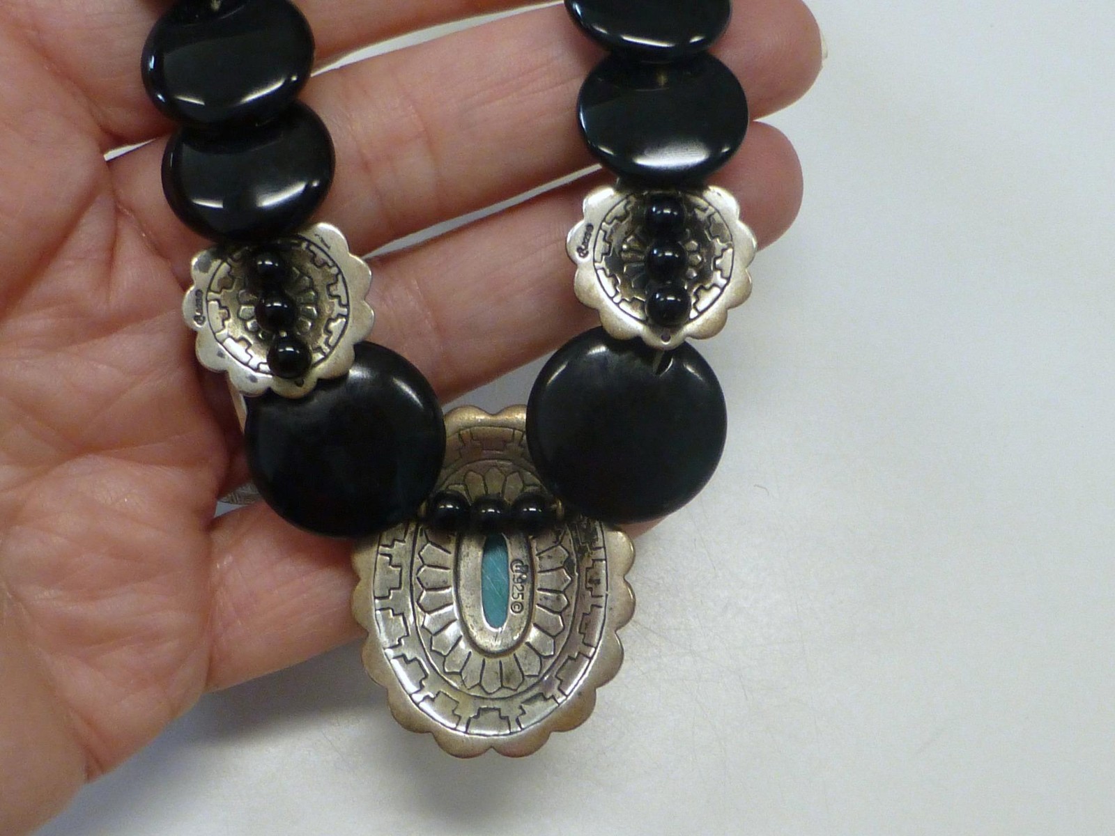 Carolyn Pollack Relios Turquoise Concho Onyx Sterling Silver Necklace Indian SW