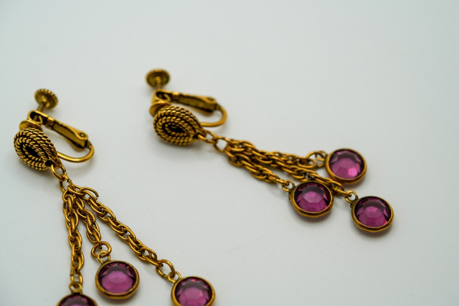 Antique Gold Purple Crystal Dangle Earrings 5.7cm JB1