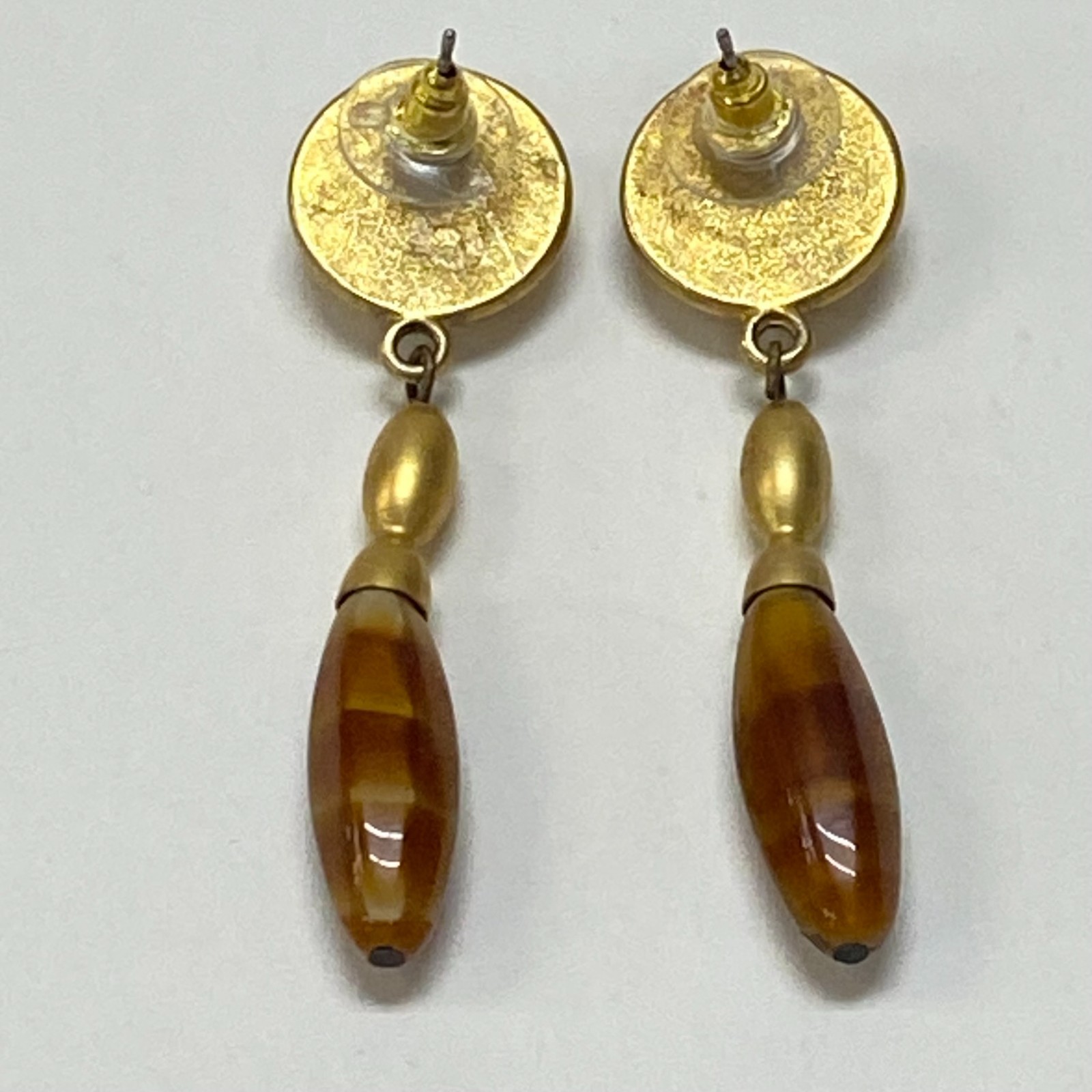 Vtg Gold Tone Orange Honey Amber Torpedo Teardrop Pendulum Dangle Drop Earrings