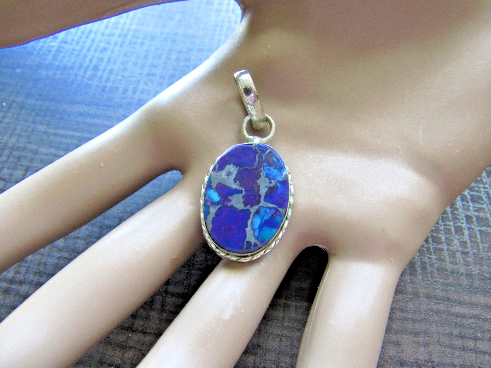 Vintage Silver Pendant Purple & Blue Turquoise Stone Bezel Set Flat Cabochon