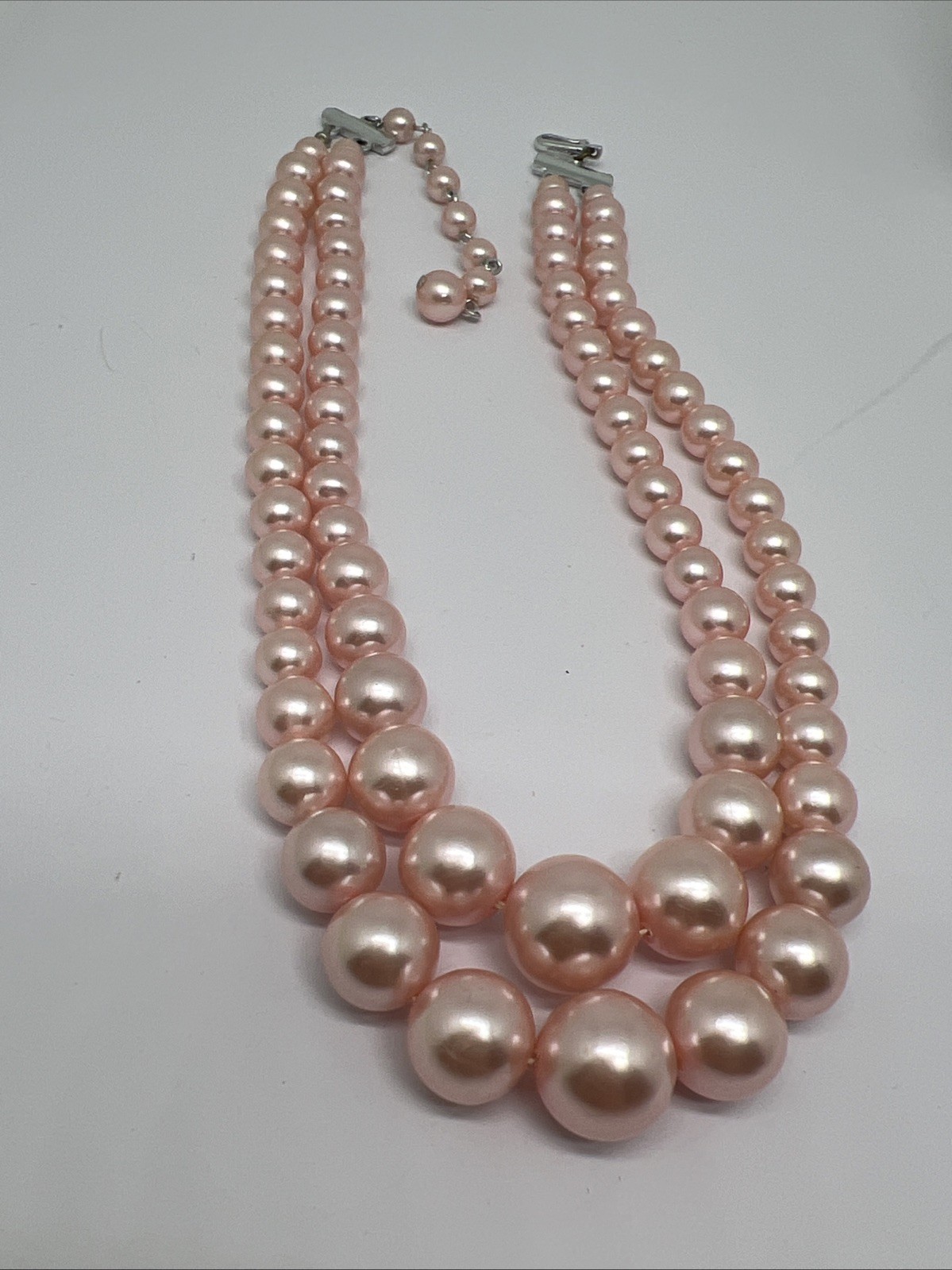 Vintage pink Faux Pearl 15”-17” Necklace Graduated Double Strand Signed Japan