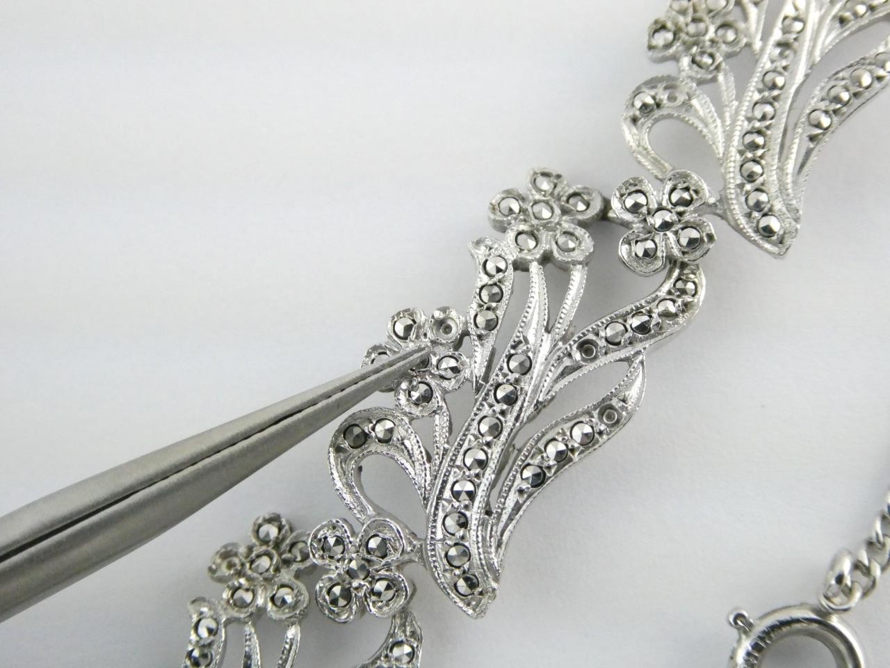 Vintage Deco Style Sterling Silver Marcasite Studded Bracelet 7.25 In GEMS MISS