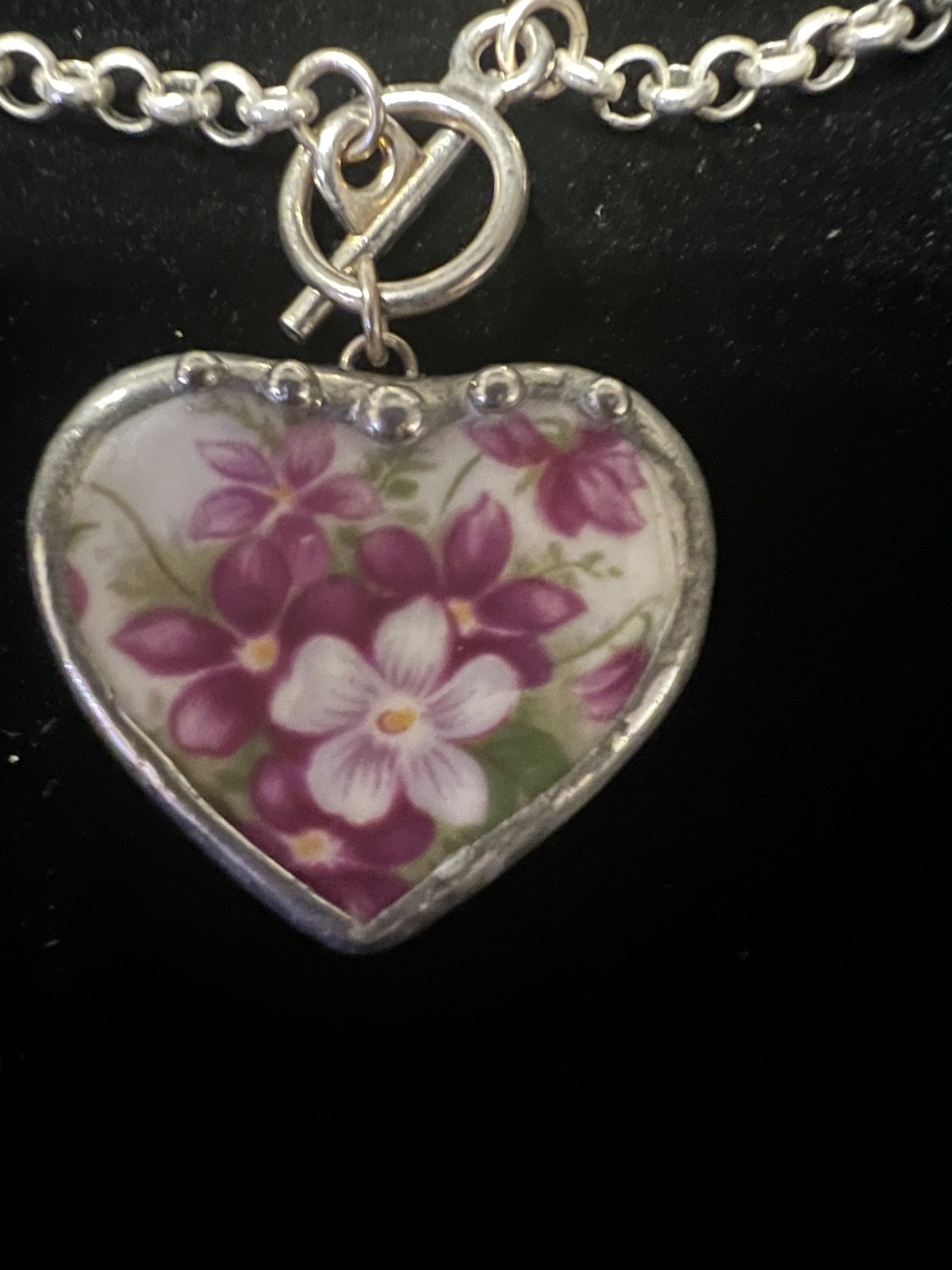 Vintage 925 Sterling Necklace Forget-Me-Not Porcelain Flower Hand Made