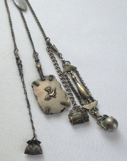 Vintage Fleur de Lis Belt Hook Chatelaine with Chains and Attachments
