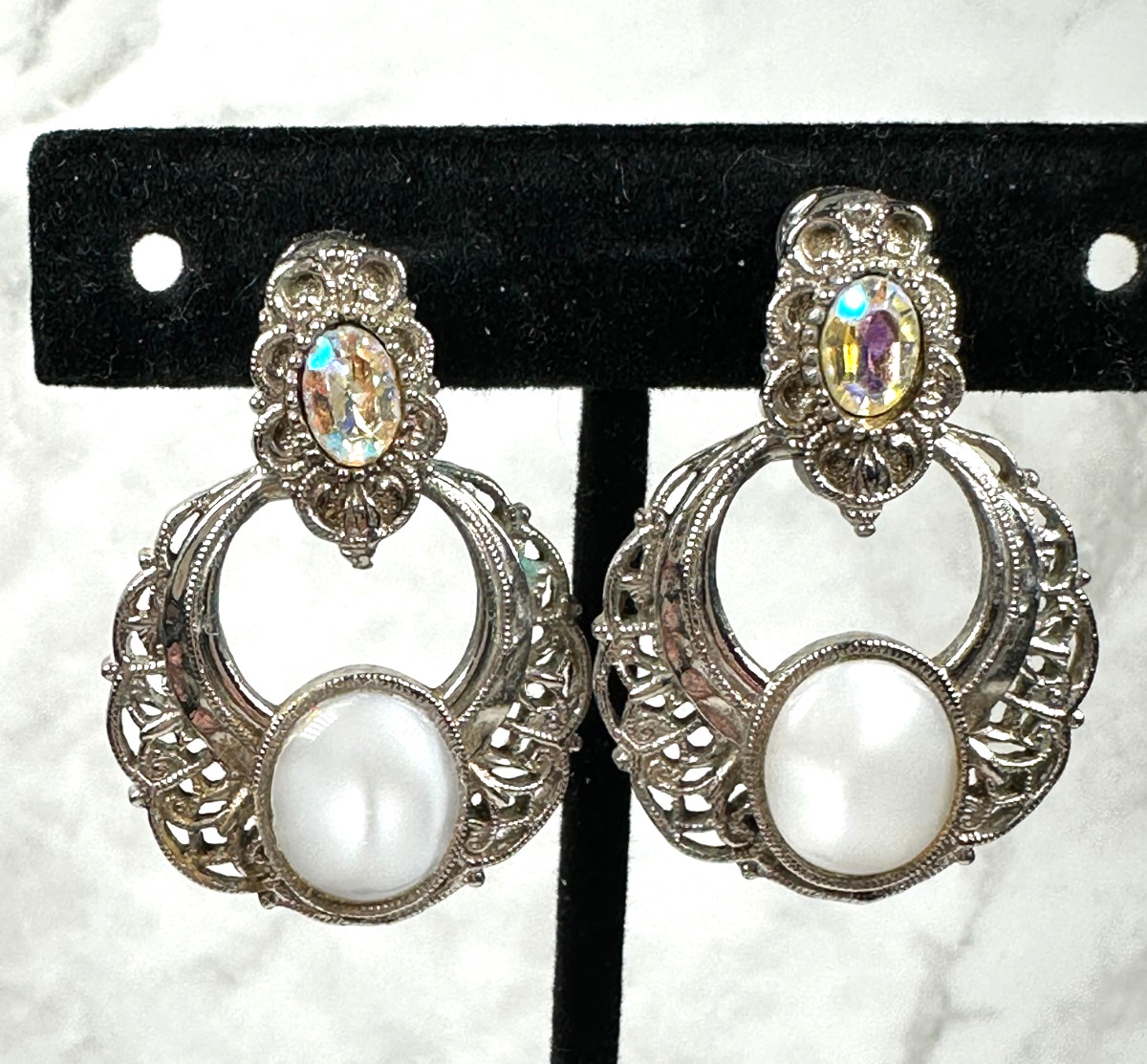 Silver Tone Clip-On Earrings with White Glass & Rhinestones – Vintage – 1.5″