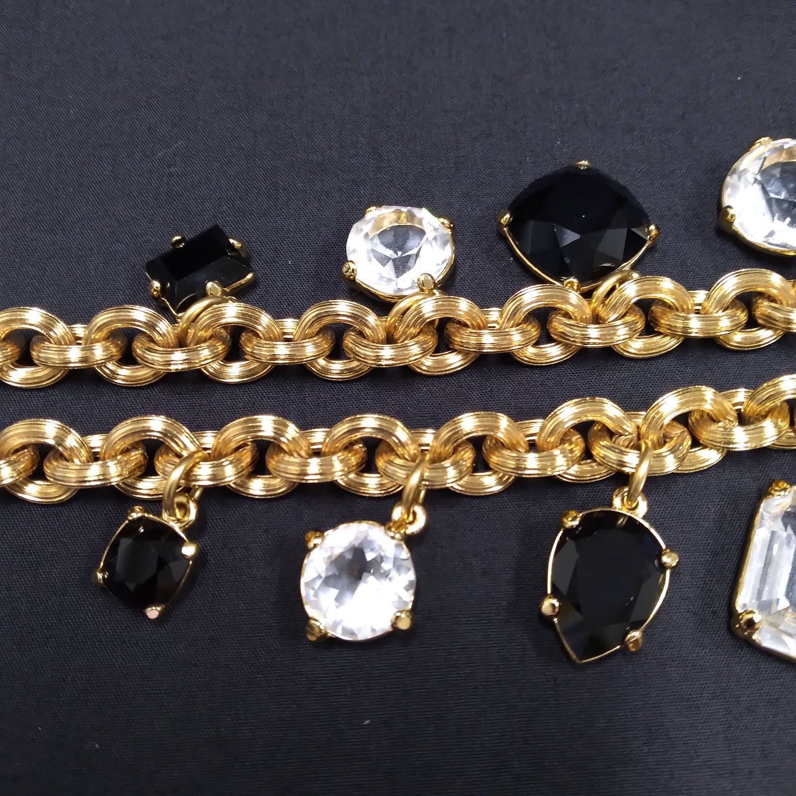 Monet Gold Tone Chunky Necklace with Clear and Black Crystal Charms