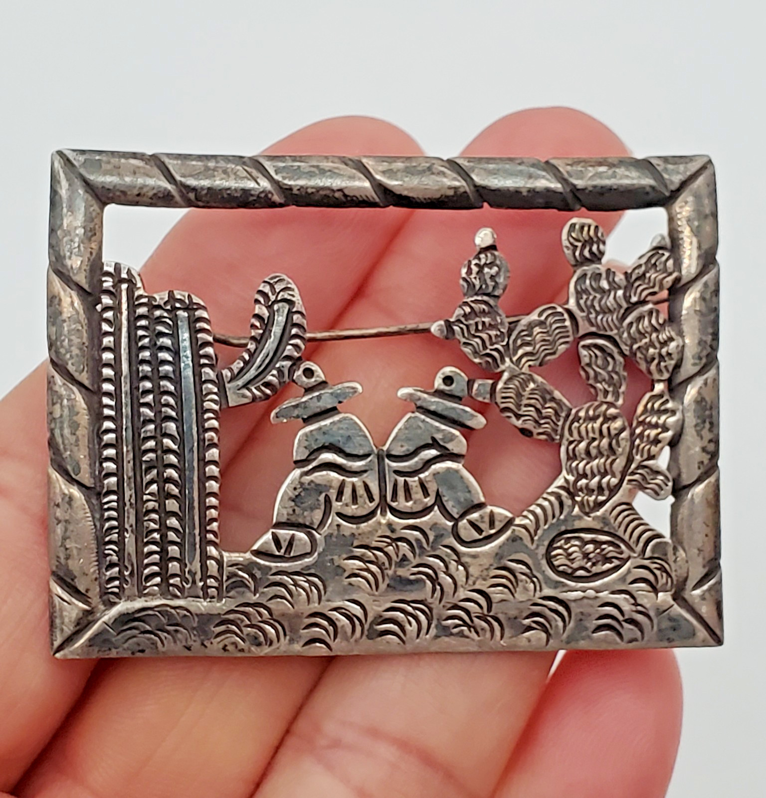 Mexican 980 Silver Brooch 2in Siesta Men Cactus Scene Handmade 17.1g Fine VTG