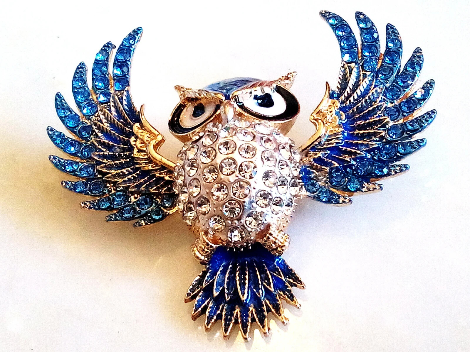 RHINESTONE OWL BROOCH! Enameled Wise Bird Pendant/Pin. Deep Blue Crystals.