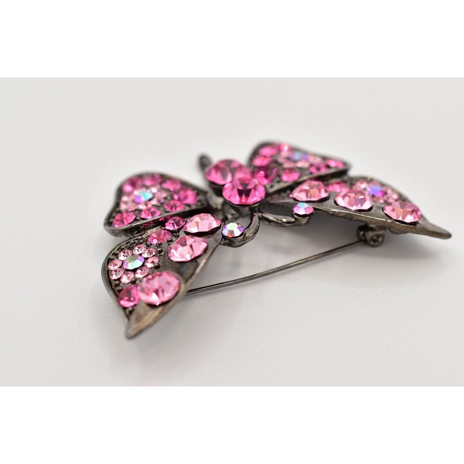 Vintage Crystal Butterfly Pin Brooch Pink Rhinestone Gunmetal Sparkling 90s Bin4