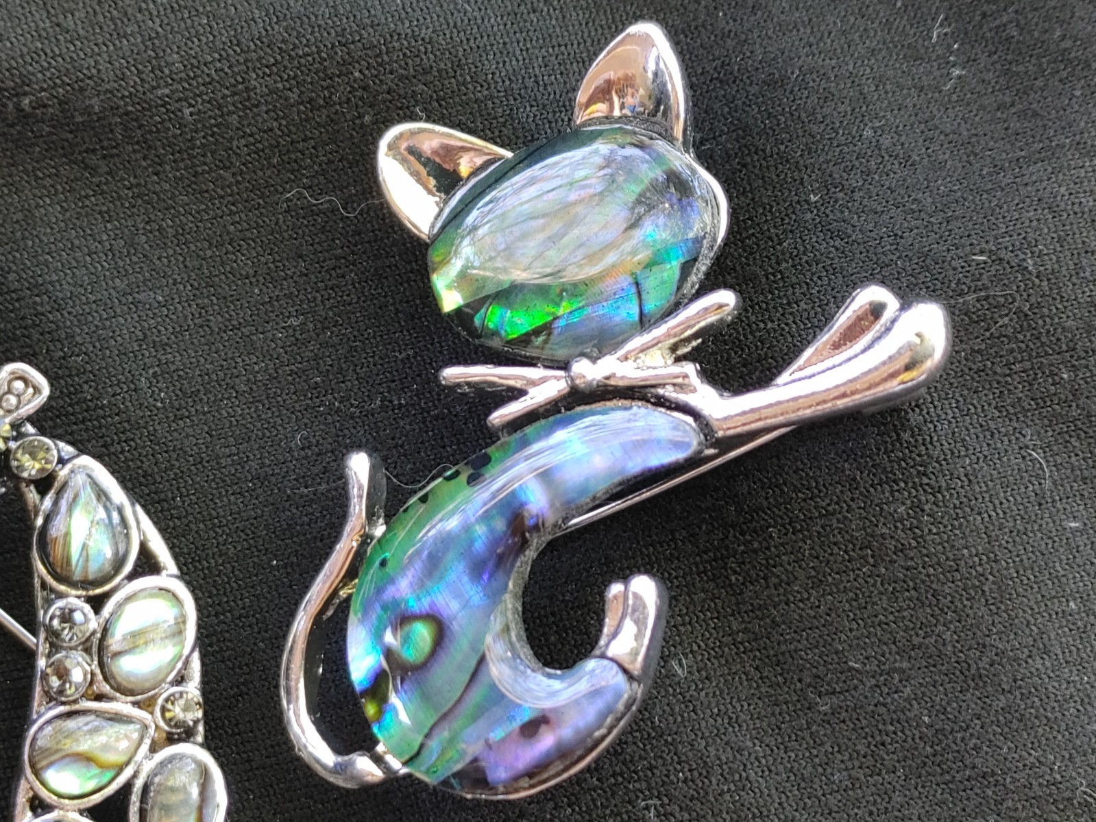 2 Pc. Lot Of Whimsical Retro Cat Brooches Faux Abalone Silver Tone 2″