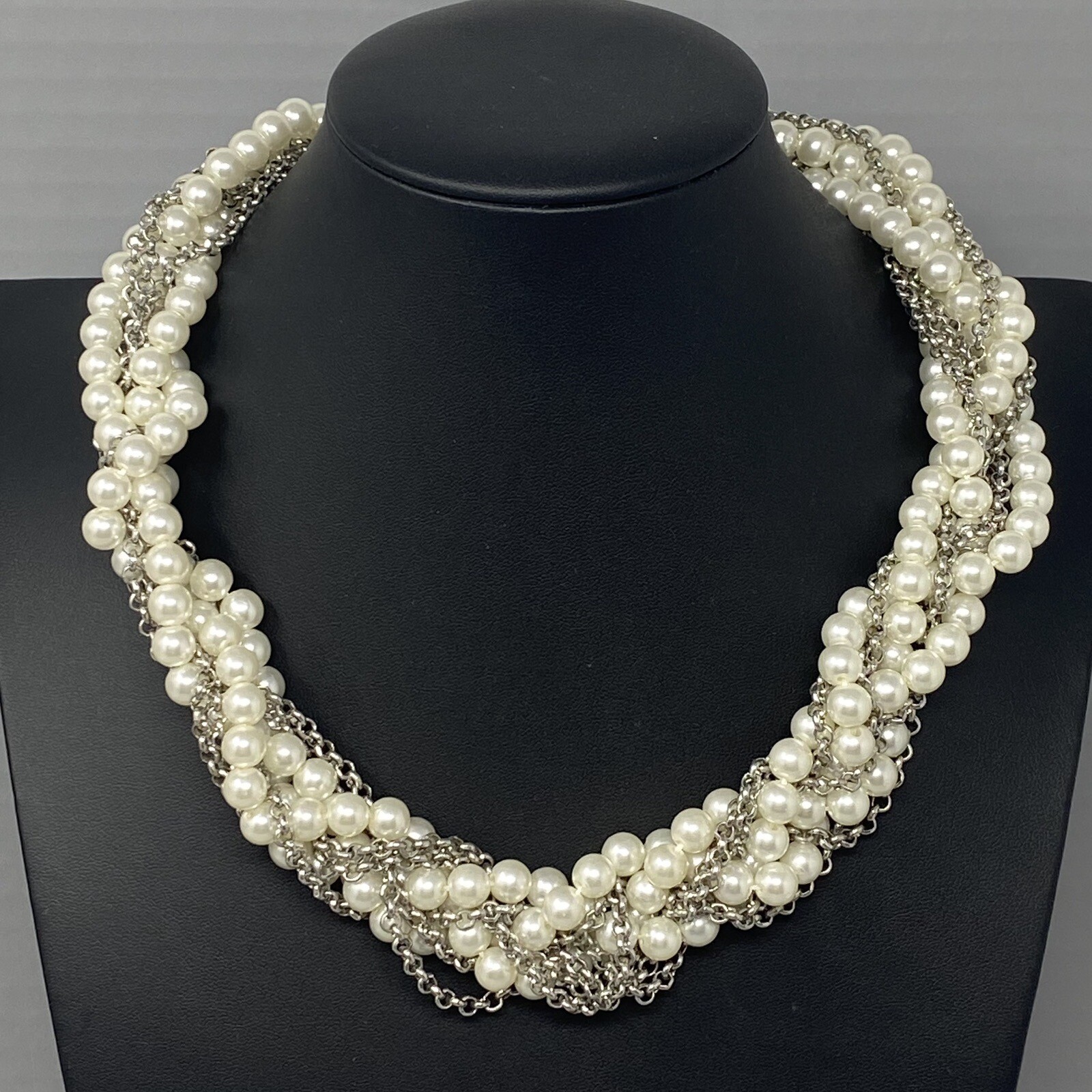 Sugarfix Baublebar Necklace Torsade Imitation Pearl Silver Tone Chain Twist 21″