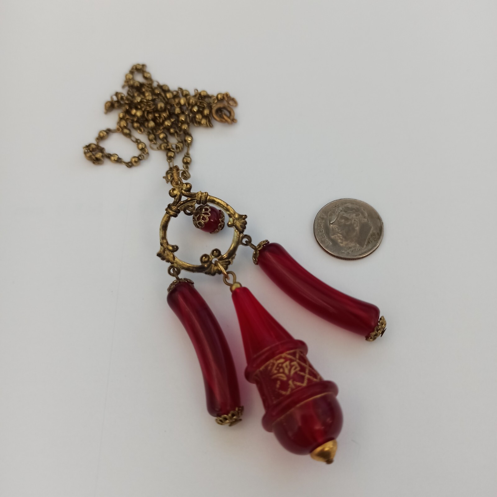 Vintage Red Necklace Rosary Beaded Tassel Long Lucite Art Deco Revival 23″ Boho