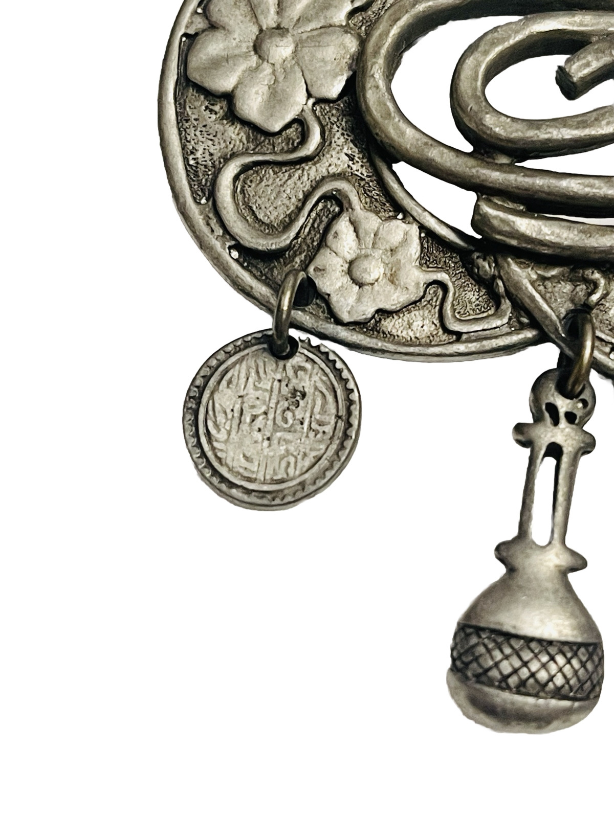 Vintage Renaissance Era Pewter 3 Charm Whimsical Brooch.