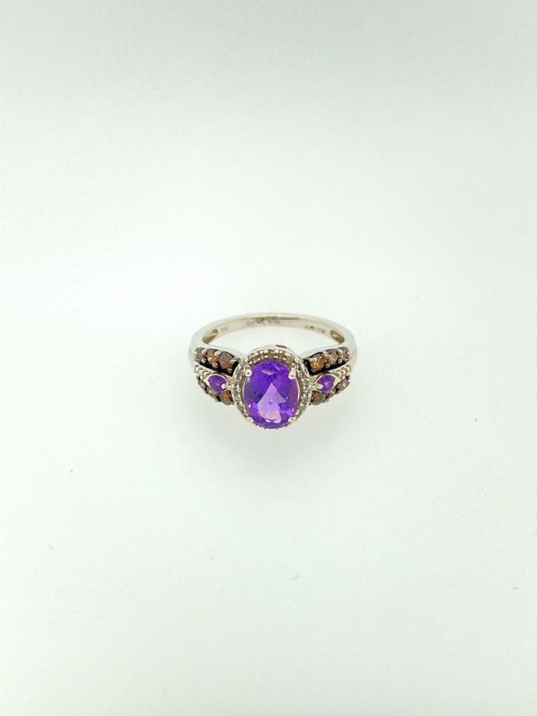 Vintage JW Brine 10k White Gold Amethyst Champagne Diamond Ring Sz 7