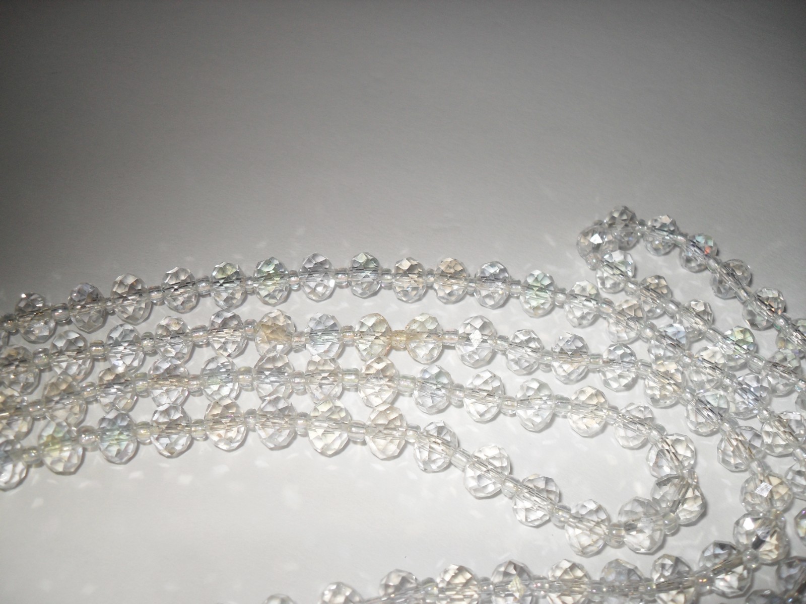 Vtg Faceted Bead Crystal Clear Aurora Borealis Long 61″ Necklace Flapper Opera