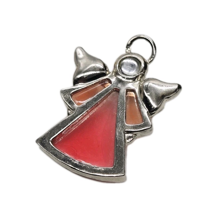 Angel Brooch Pink Glass Pin Silver tone Wings and Halo Deco Guardian 1.75 in