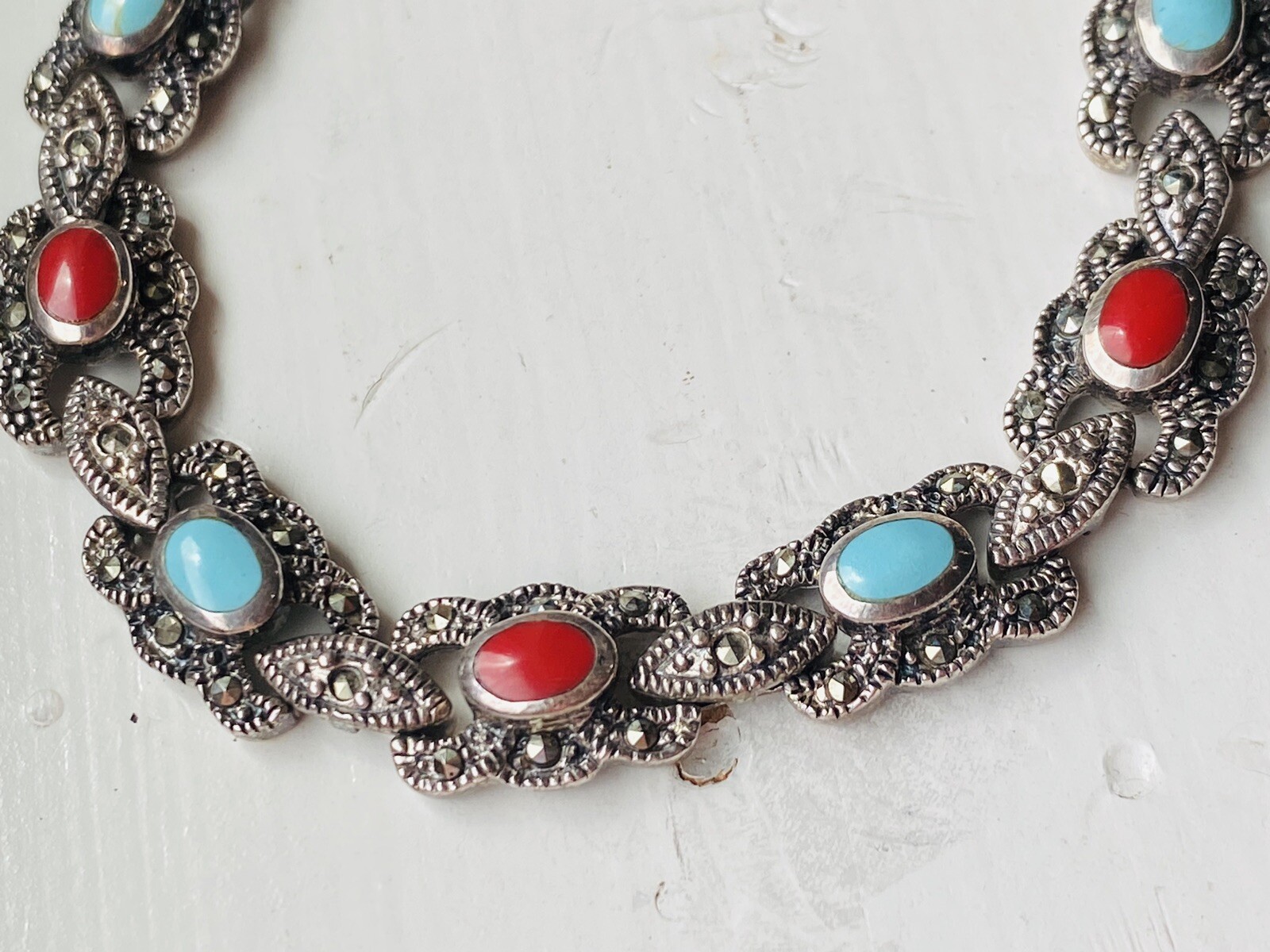 Vintage Sign Sterling Silver Multi Stone Turquoise Coral Marcasite Link Bracelet