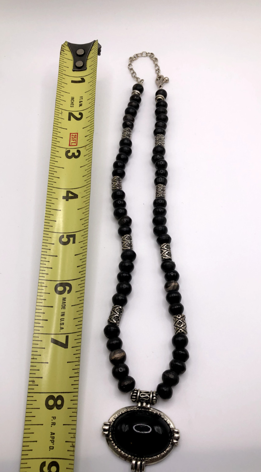 Vintage Black Beaded Necklace & Cabochon Pendant with Silver Tone Accents 20″