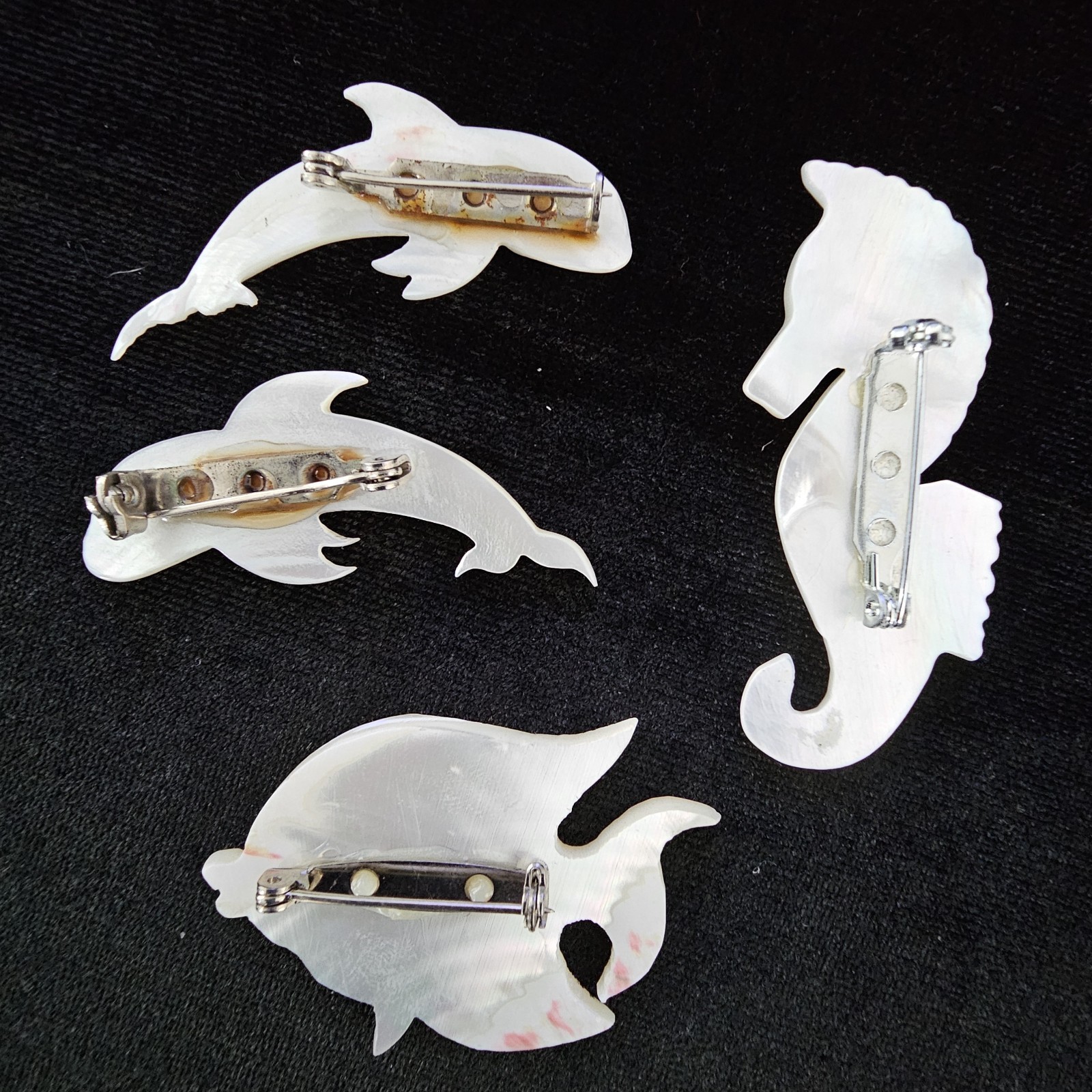 Vtg Lot Nautical Carved Mother of Pearl Sea Life Brooches Seahorse Fish Dolphins